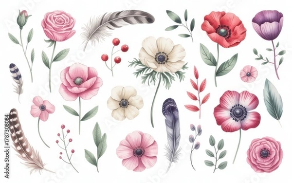 Fototapeta Watercolour Botanical Elements with Flowers Feathers and Berries Keywords: watercolour