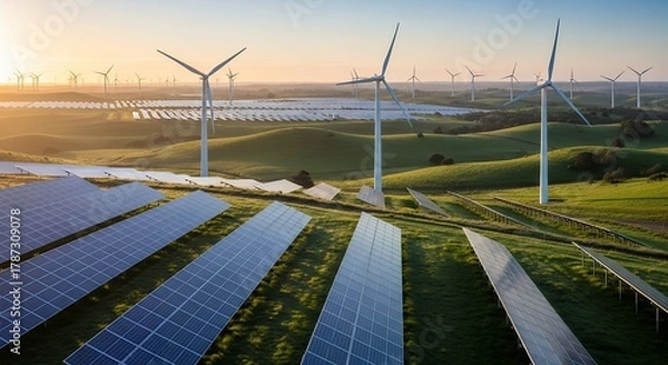 Obraz Aerial view of solar panels and wind turbines in a green field landscape, concept for sustainable energy generation, renewable resource innovation and environmental conservation