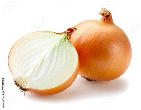 Obraz Close-up of a halved and whole brown onion against a white backdrop