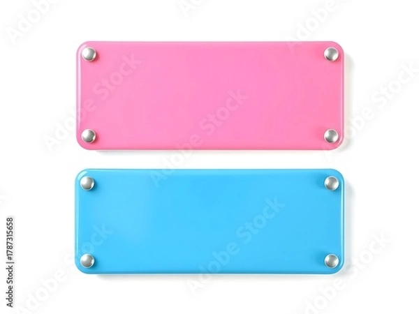 Obraz Blank two metal rectangular nameplates with round edges in bright pink and blue color secured by metal small standoffs isolated on a white background