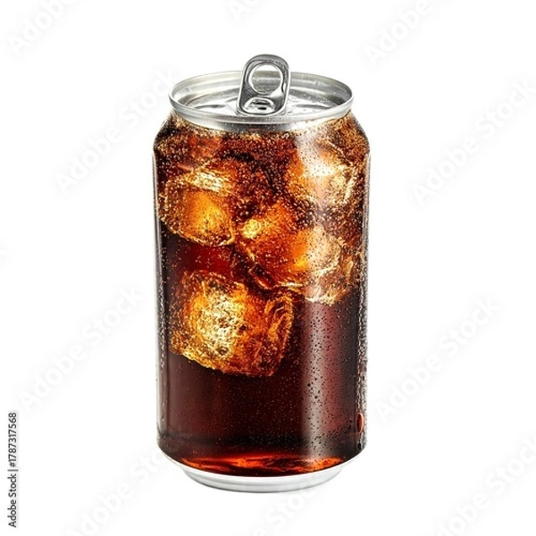 Fototapeta Clear plastic drink can containing an iced cola drink on white background