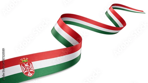 Fototapeta Hungarian flag ribbon with coat of arms isolated on transparent background