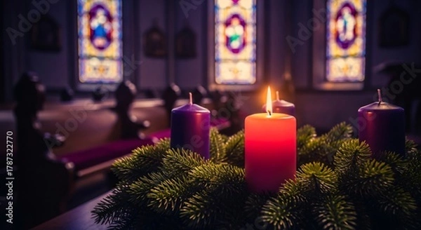 Fototapeta Gaudete Sunday Candles Lit in Church Advent Wreath Rejoicing Third Sunday of Advent Tradition