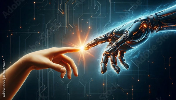 Fototapeta Human hand and robotic hand with their index finger reaching together, creating a glowing golden light for energy against digital circuit lines on dark light background