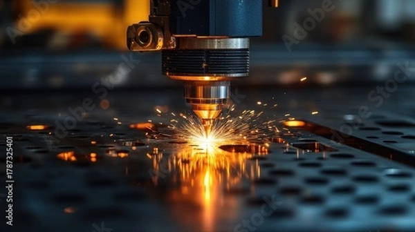 Obraz Industrial laser cutting machine in action