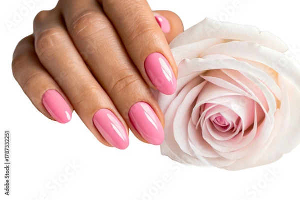 Fototapeta Close up of a woman's hand with pink nails beside a delicate rose