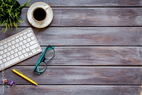 Fototapeta Workspace on top view with keyboard and cup of coffee. Ed
ucation online. Home office.