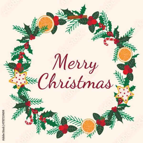 Obraz Merry Christmas round wreath with berries, leaves, holly. Festive round natural border with inscription. Greeting frame vector illustration. Decorative traditional frame