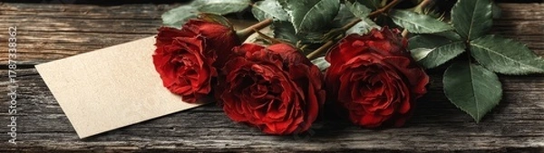 Fototapeta Red roses and blank card on rustic wooden table romantic still life valentine's day banner love message beautiful background