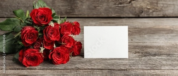 Fototapeta Romantic still life of red roses and black card for valentine's day banner love message in a rustic background