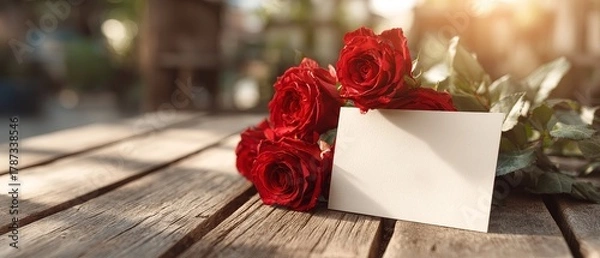 Fototapeta Romantic still life of red roses and black card valentine's day banner love message in serene background