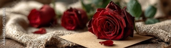 Fototapeta Romantic still life with red roses and blank card rustic setting valentine's day banner love message concept