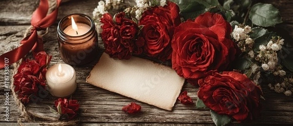 Fototapeta Romantic still life with red roses and black card valentine's day banner love message in cozy environment