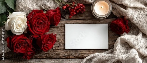 Fototapeta Romantic still life with red roses and black card valentine's day banner love message cozy background