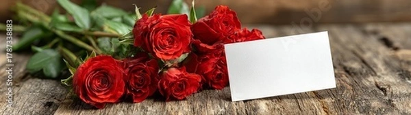 Fototapeta Romantic still life of red roses and black card in rustic setting valentine's day banner with love message