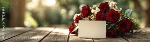 Fototapeta Romantic still life with red roses and black card for valentine's day love message wedding greeting romantic mood