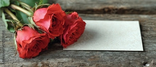 Fototapeta Romantic red roses and black card on rustic wood for valentine's day love message banner