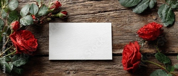 Fototapeta Romantic still life with red roses and black card valentine's day banner rustic wooden background love message concept