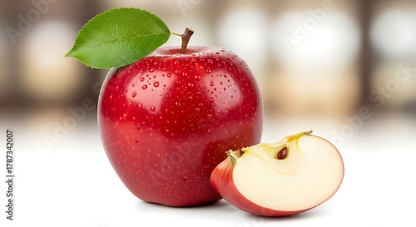 Fototapeta Juicy red apple with a bite taken out and a leaf