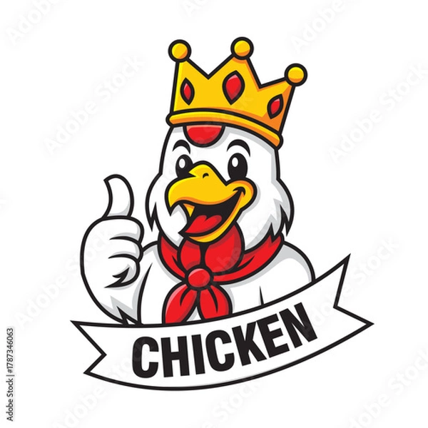 Fototapeta Royal Rooster Cartoon Character Smiling King Chicken with Thumbs Up Logo Design Template