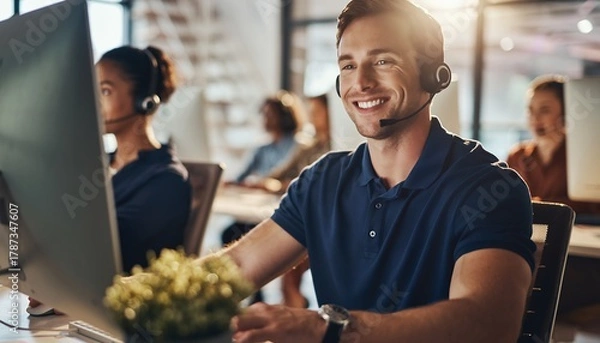 Obraz Smiling male customer service manager with headset working at computer in modern office, concept for online support, telemarketing services and helpdesk solutions