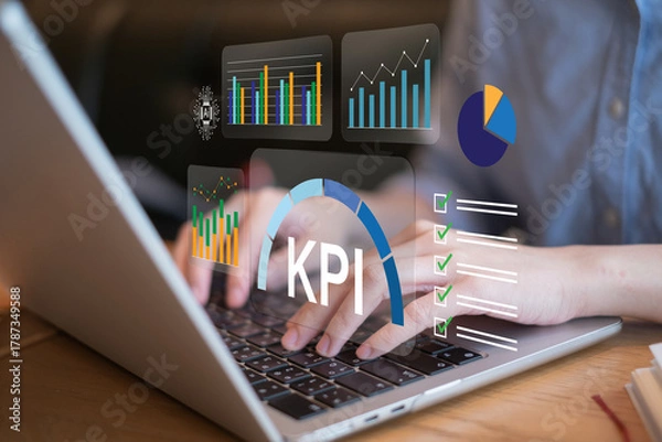 Fototapeta Professional entrepreneur businessman working on key performance indicator KPIs business strategy chart data analysis marketing management graph goal report success achievement technology dashboard