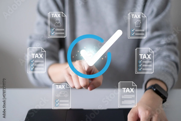 Fototapeta Person focusing on budget planning tax refund money payment return calculate financial accounting income revenue economy banking investment concept