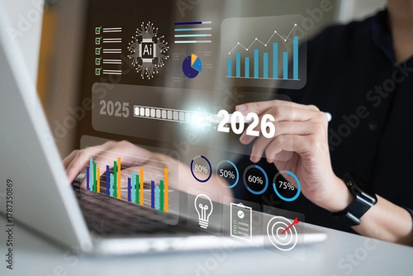 Fototapeta Businessman looking forward to new year 2026 growth future success vision goal target marketing strategy planning to achieve new high sales management development global forecast information challenge