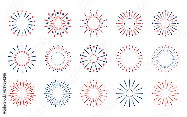 Fototapeta Red and blue festive fireworks, a set of icons, icons isolated on a white background, vector. Decorative element for design, decoration, poster, greeting, holiday