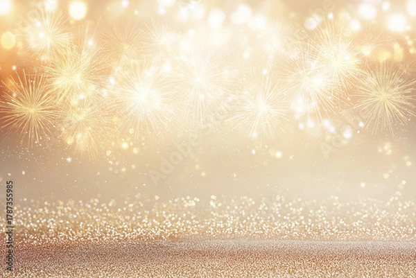 Obraz Festive gold fireworks and sparkly glitter creating an attractive scene. Perfect for new years eve or celebration designs. Vibrant gold fireworks and swirling glitter add a festive touch.