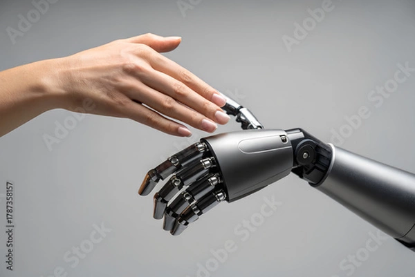 Obraz Human hand reaching out to robotic hand. Concept of artificial intelligence, technology collaboration, and future interaction between humans and machines.