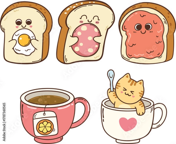 Fototapeta Cute happy toast cartoon doodle hand drawn character illustration