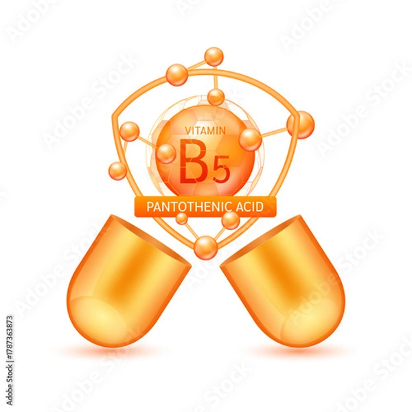 Fototapeta Orange pantothenic acid vitamin B5 in shield surrounded by atoms float out of the open capsule on white background. Pill drug vitamins complex. For design dietary supplement products. vector.