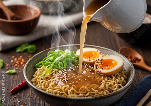 Fototapeta Elevate your instant noodles with this quick recipe for savory ramen, featuring amazing food hacks for the perfect soft-boiled egg and rich broth