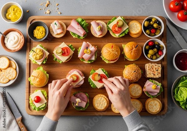 Fototapeta Easy entertaining food hacks and a quick recipe for preparing a beautiful platter of mini burgers, sliders, and crostini appetizers