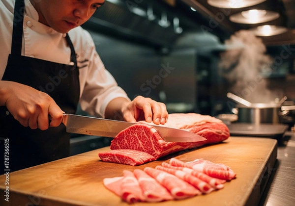 Fototapeta A professional chef expertly slicing premium beef in a gourmet kitchen. Discover Food Hacks for a Quick Recipe at home