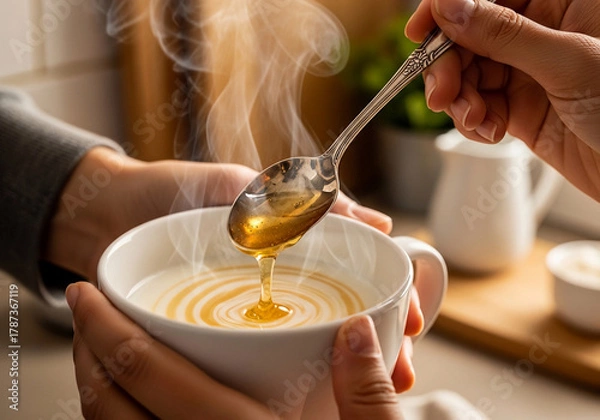 Fototapeta A person adds golden honey to a steaming mug of warm milk, a soothing Quick Recipe and one of the best Food Hacks for a cozy day