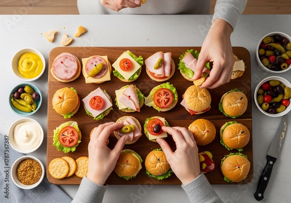 Fototapeta Creative entertaining with this quick recipe for a party platter, featuring brilliant food hacks for making fun mini sandwiches