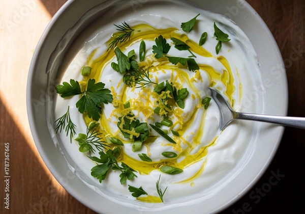 Fototapeta Discover delicious food hacks with this quick recipe for a creamy herbed yogurt dip, a healthy and savory appetizer or snack