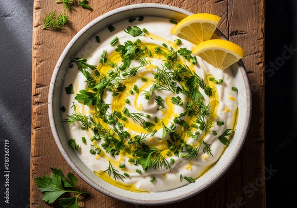 Fototapeta A savory homemade yogurt dip with fresh herbs, lemon, and olive oil. Follow this easy Quick Recipe with our Food Hacks for a perfect appetizer