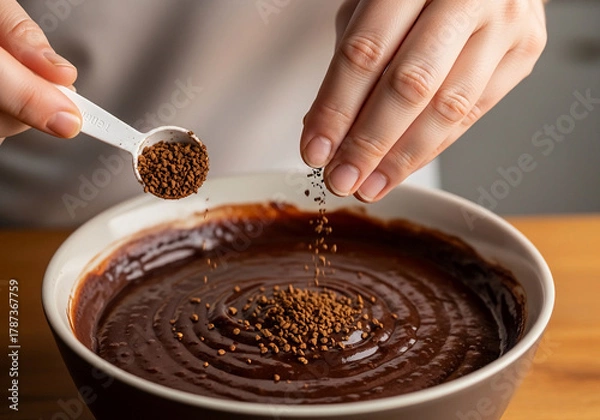 Fototapeta A close-up of a pastry chef's food hack, adding instant coffee to rich chocolate batter for an intensely flavorful quick recipe