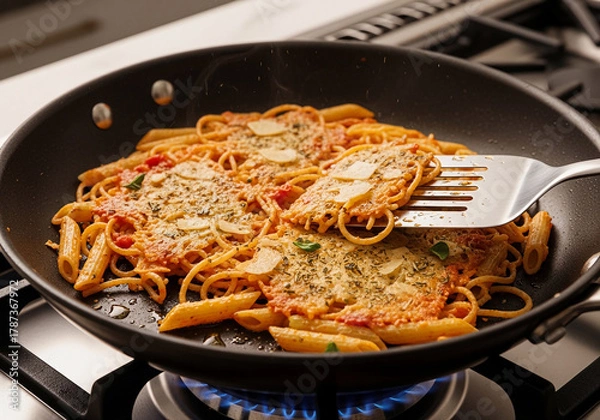 Fototapeta Explore clever Food Hacks with this Quick Recipe for a one-pan skillet pasta bake, featuring penne, rich tomato sauce, and a crispy cheese topping