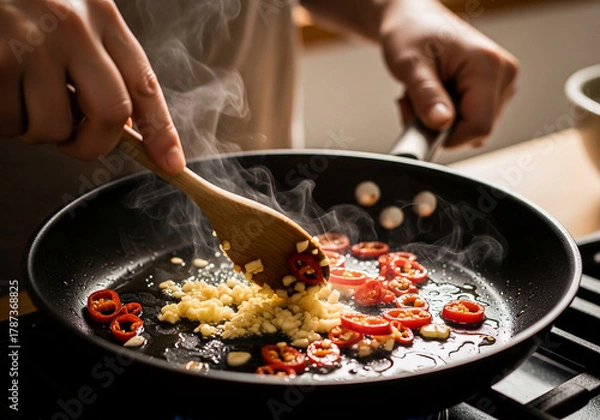 Fototapeta Mastering kitchen skills with simple Food Hacks for a delicious meal. This Quick Recipe shows sautéing fresh chili and garlic