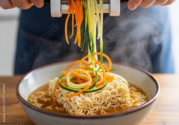 Fototapeta Upgrade your instant noodles with fresh zucchini and carrot spirals. A simple and healthy Quick Recipe that showcases brilliant Food Hacks for a better meal