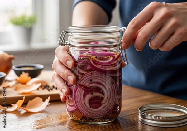 Fototapeta A person prepares a quick recipe for pickled red onions, a fantastic example of useful food hacks for homemade preserving in a glass jar