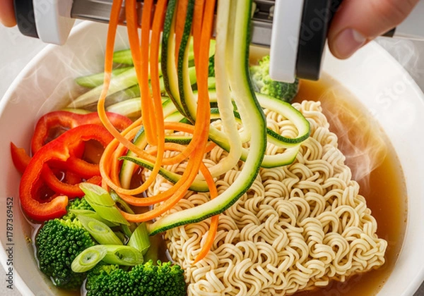 Fototapeta A perfect quick recipe for a healthy lunch. Explore brilliant food hacks by adding fresh spiralized vegetable noodles like zucchini and carrots to a simple bowl of ramen