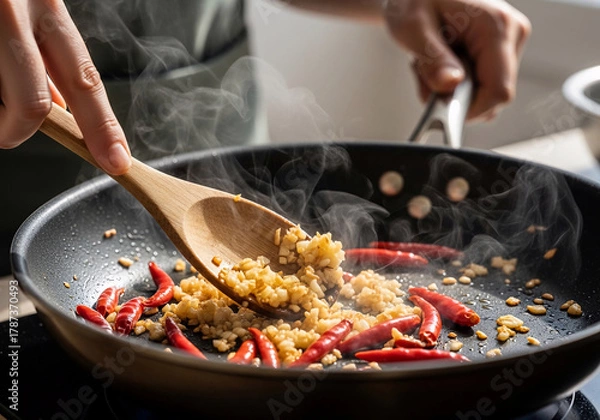 Fototapeta Mastering the art of stir-frying with aromatic garlic and spicy chili peppers, a key step for any quick recipe and amazing food hacks