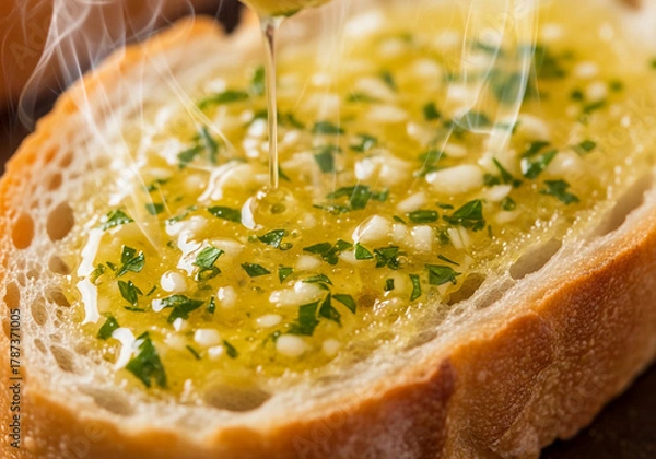 Fototapeta Discover the ultimate garlic bread Quick Recipe with our simple Food Hacks. A close-up of a toasted slice drizzled with herbed olive oil