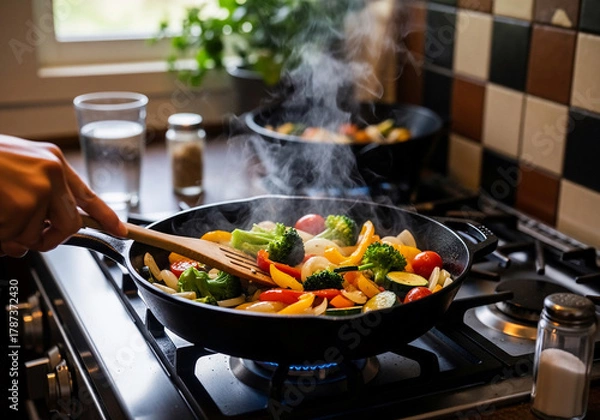 Fototapeta Mastering the art of stir-frying with this vibrant vegetable medley. A perfect Quick Recipe and some handy Food Hacks for a delicious, healthy meal