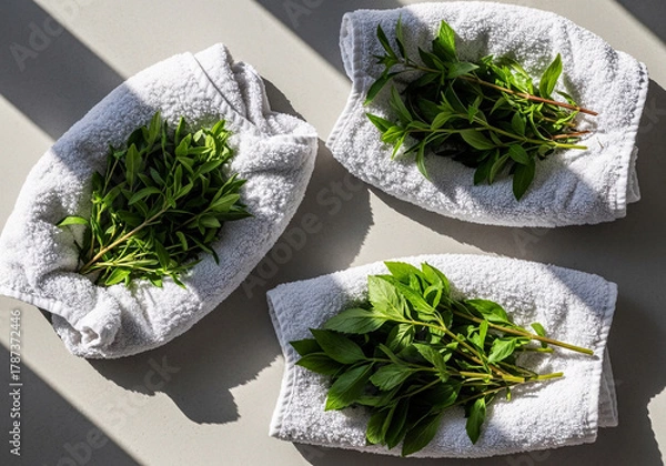 Fototapeta Keep your herbs fresh longer with these simple food hacks. A quick recipe tip for storing basil and other greens on a towel